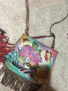 Hand-Painted Multicolor Floral Fringe Crossbody Bag